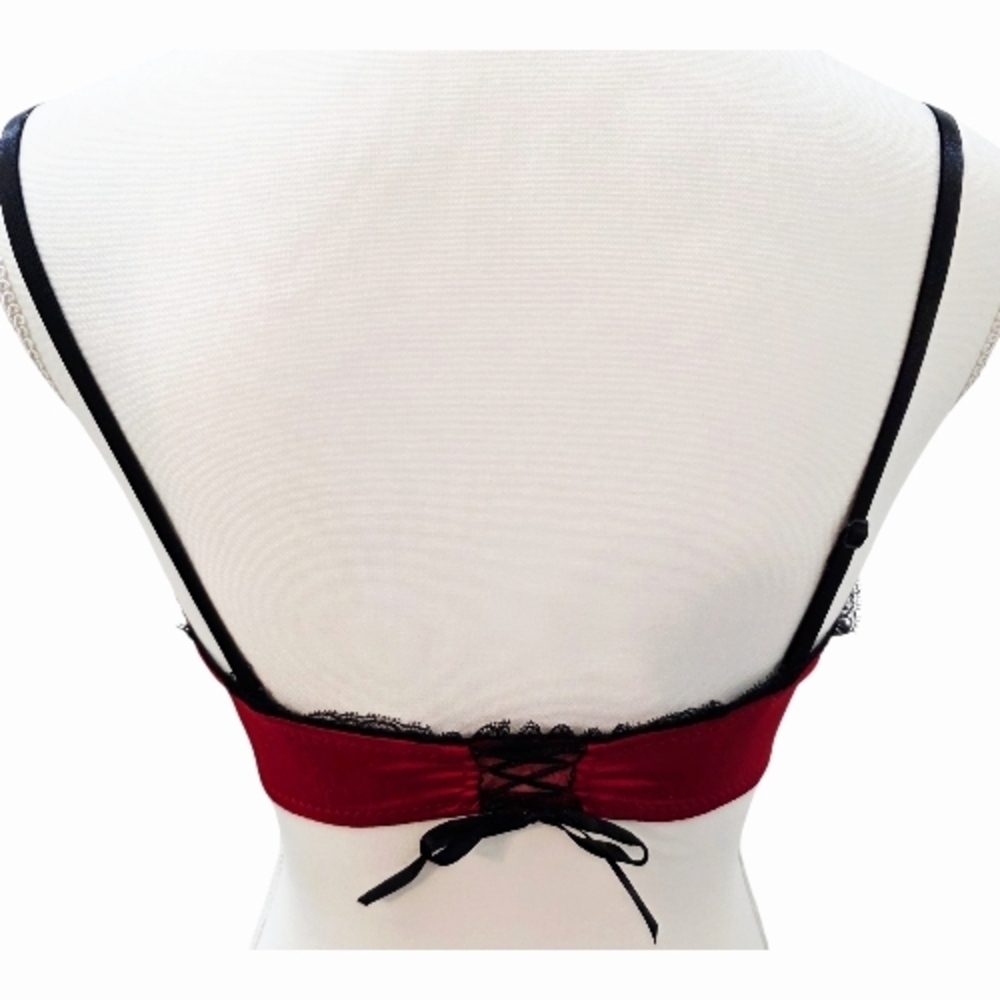 💋Blush Red & Black Lace Bra 34D Satin Underwire Push-Up Lingerie Sexy Front 💋 - Picture 6 of 9